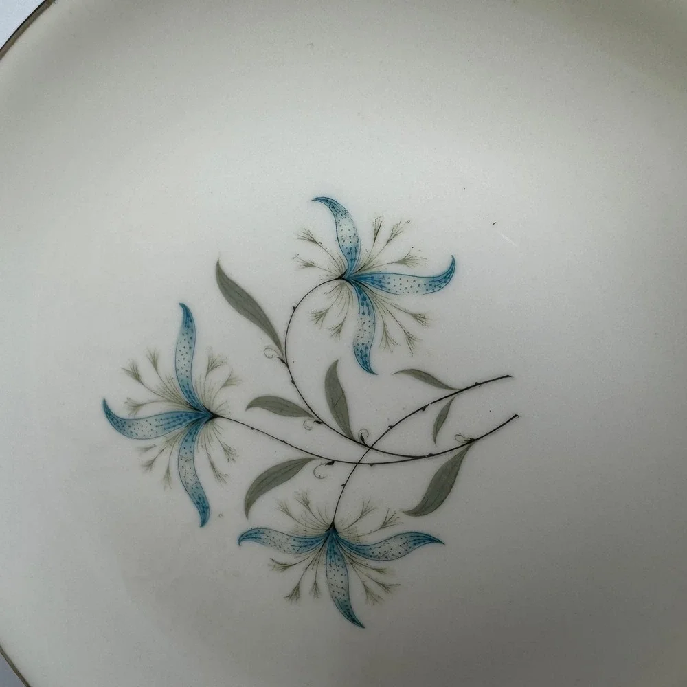 Homer Laughlin Triumph Cynthia Bread Butter Plates Set 5 Blue Floral Silver Trim
